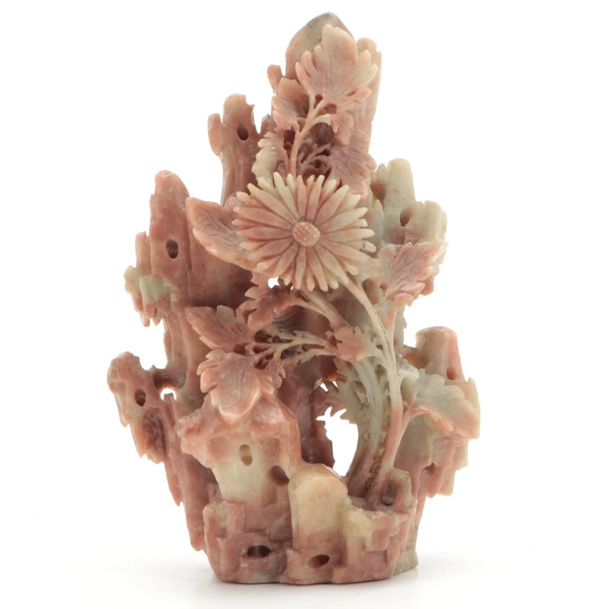 Chinese Style Carved Soapstone Floral Tableau