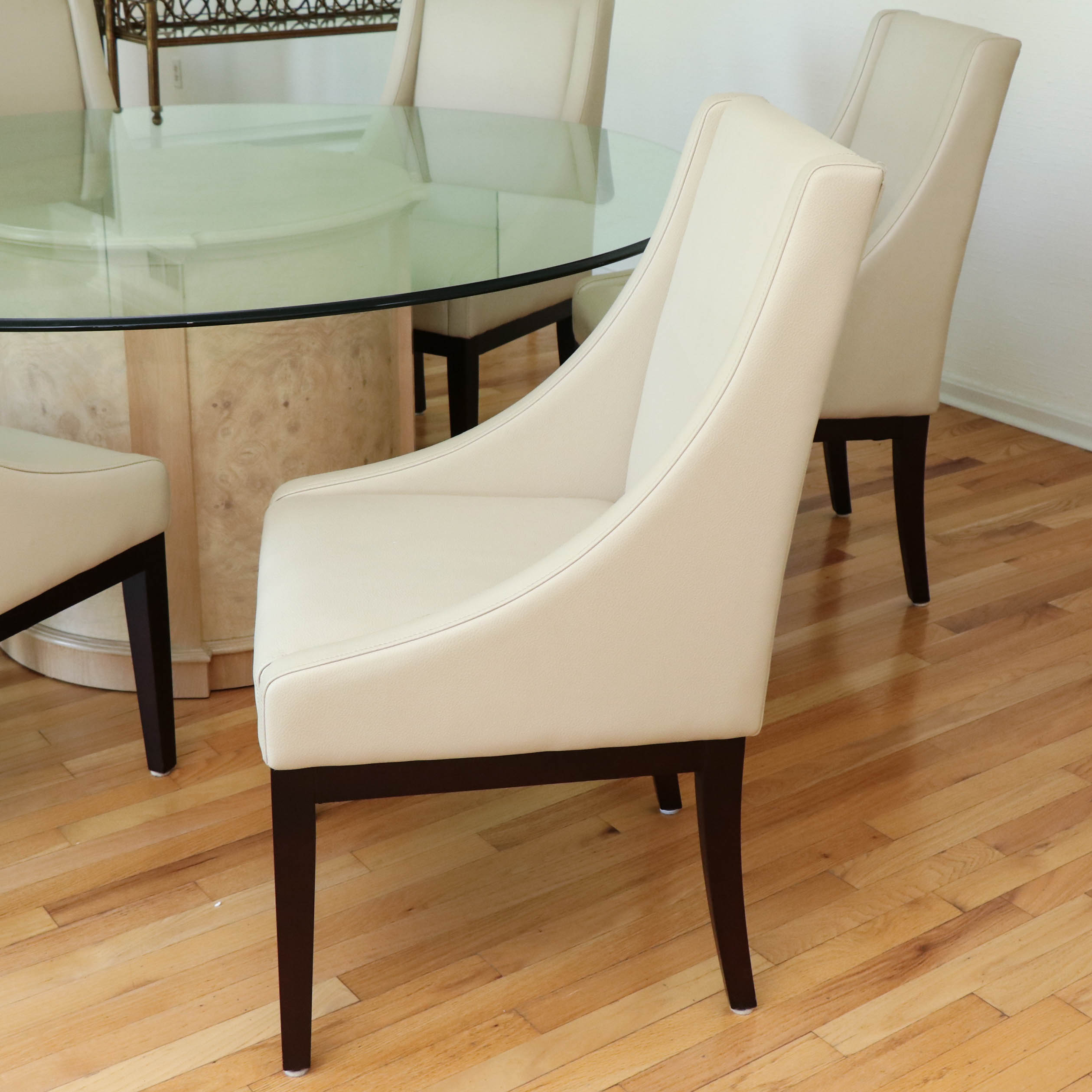 Heritage Glass and Wood Finish Dining Table with Arhaus Leather Slope Armchairs