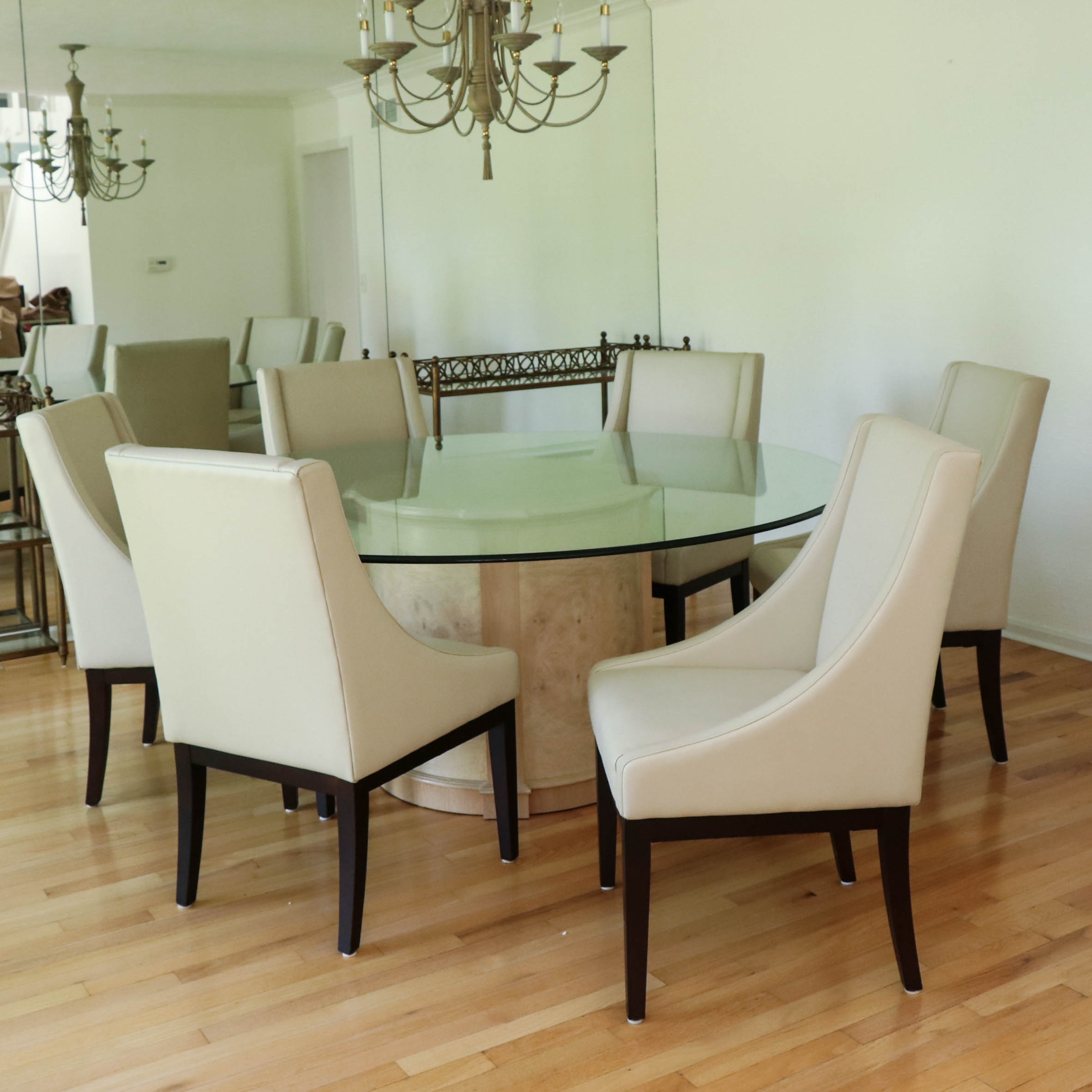 Heritage Glass and Wood Finish Dining Table with Arhaus Leather Slope Armchairs