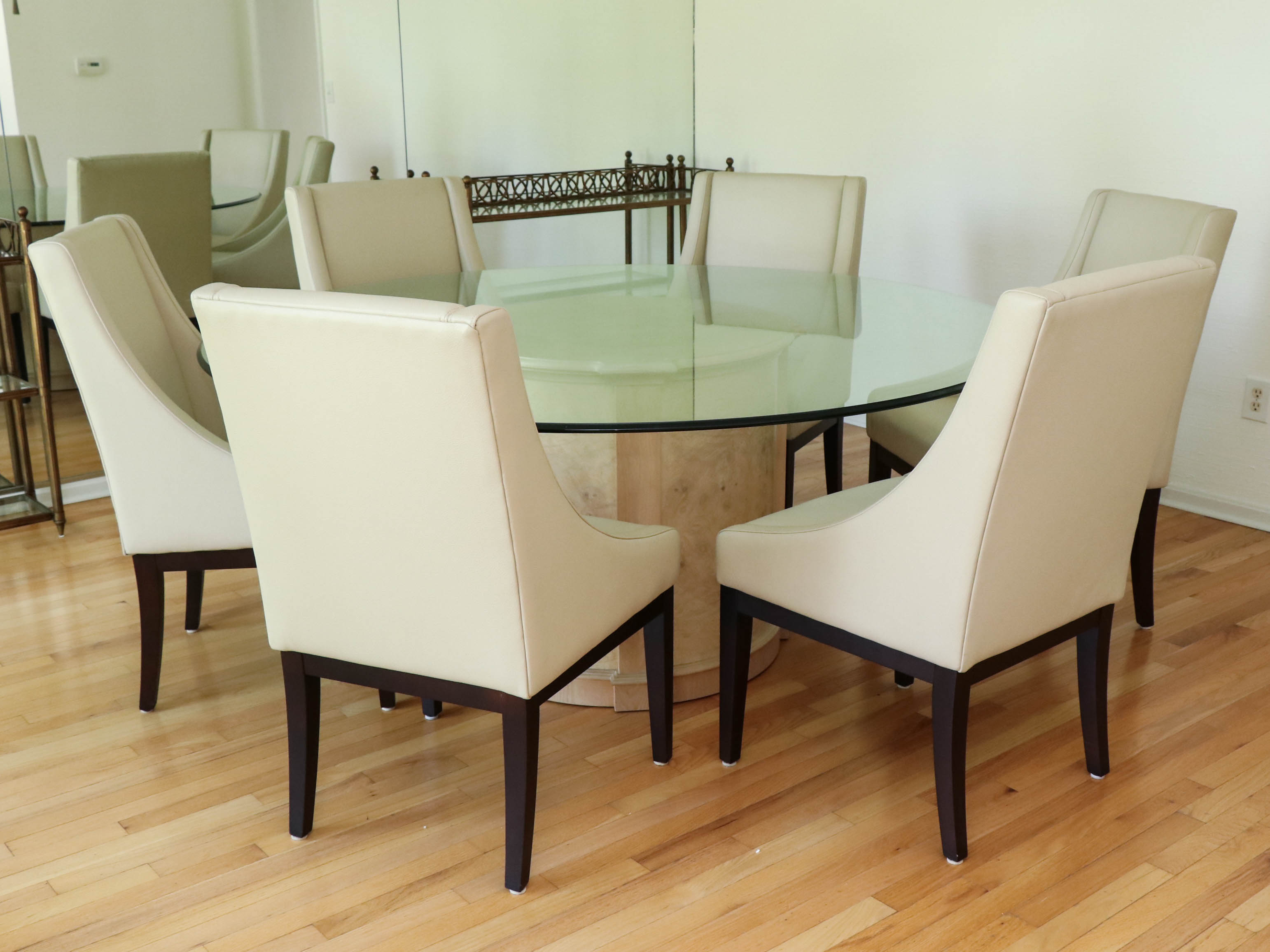 Heritage Glass and Wood Finish Dining Table with Arhaus Leather Slope Armchairs