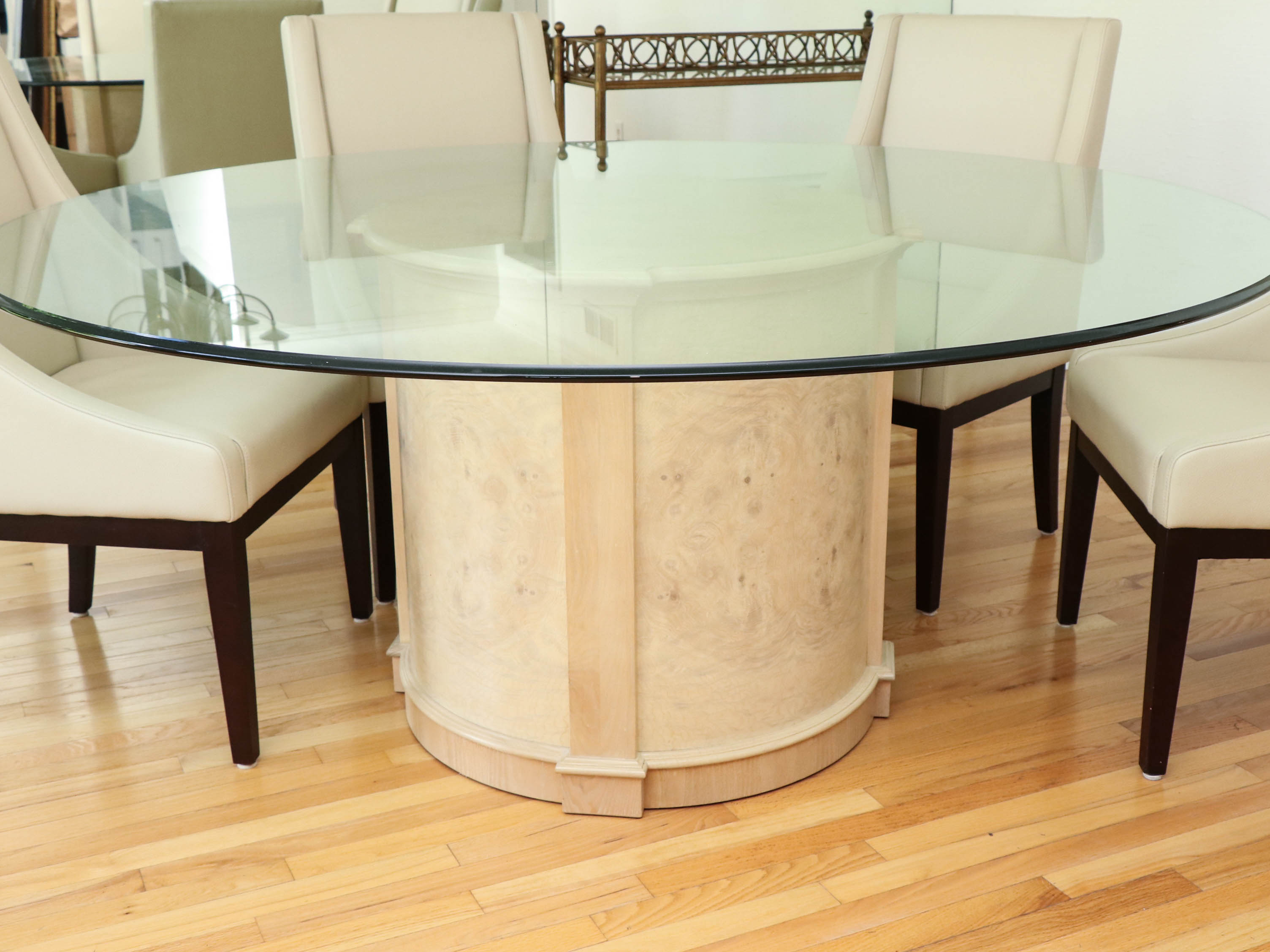 Heritage Glass and Wood Finish Dining Table with Arhaus Leather Slope Armchairs