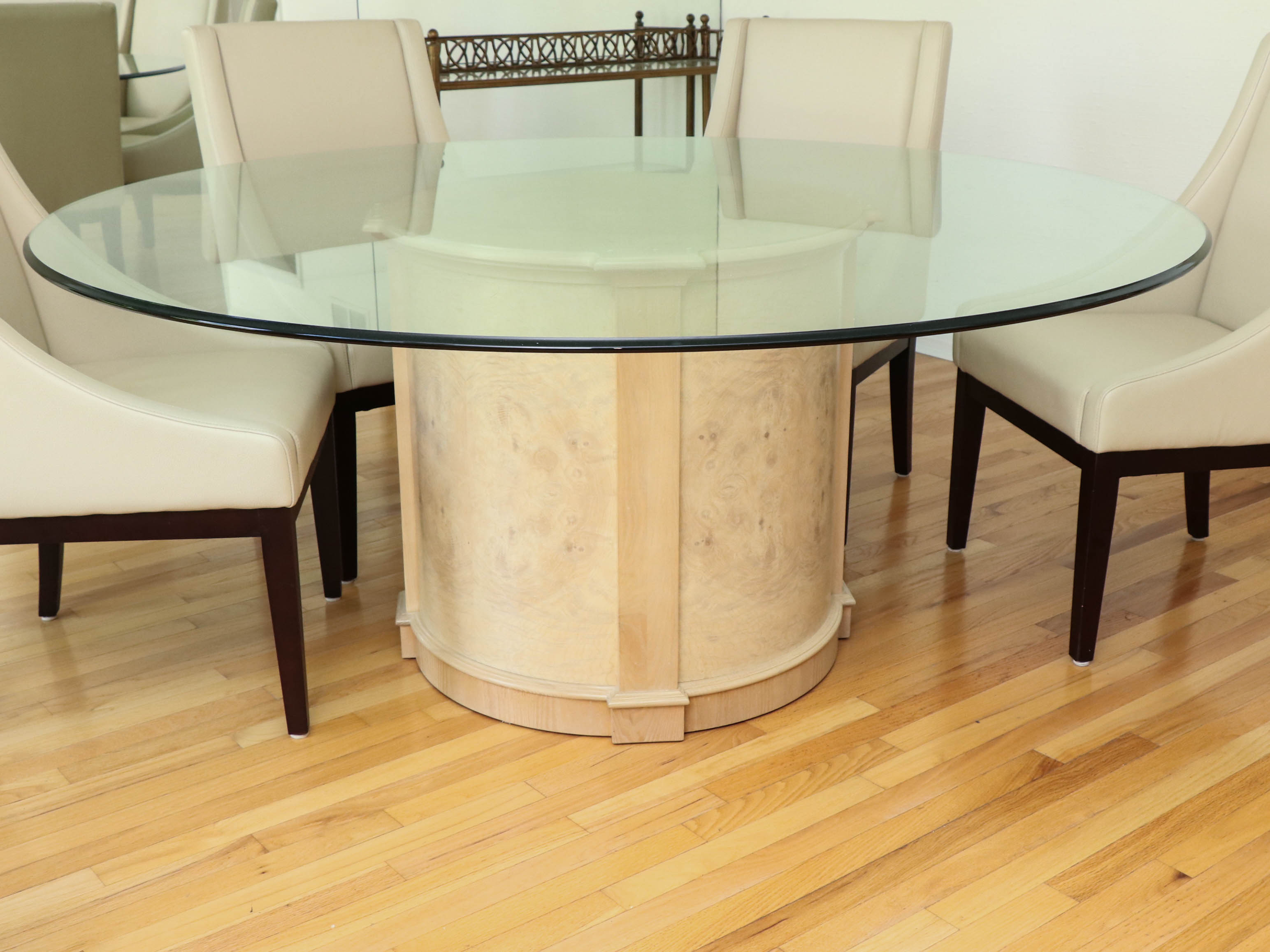 Heritage Glass and Wood Finish Dining Table with Arhaus Leather Slope Armchairs