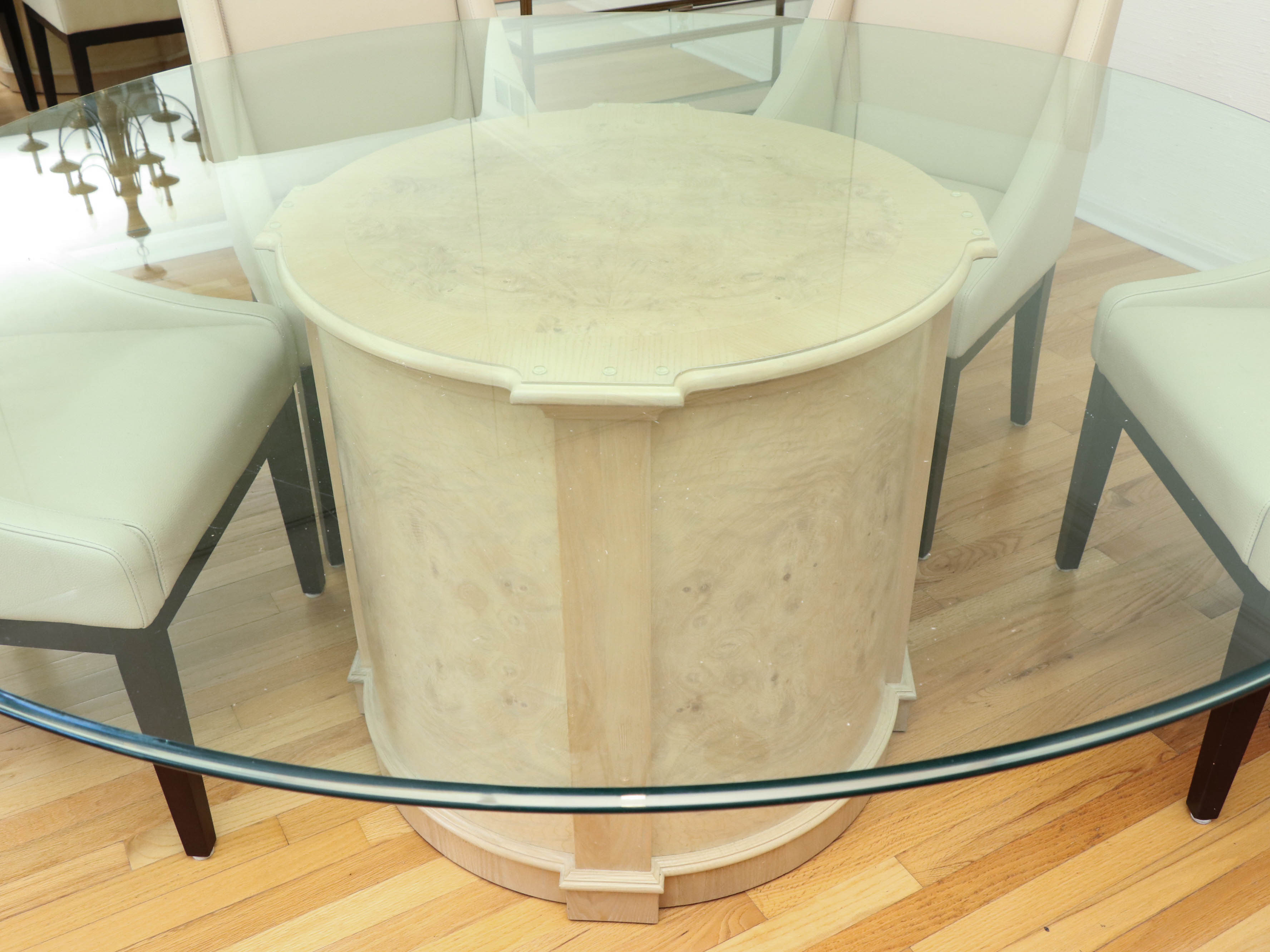 Heritage Glass and Wood Finish Dining Table with Arhaus Leather Slope Armchairs