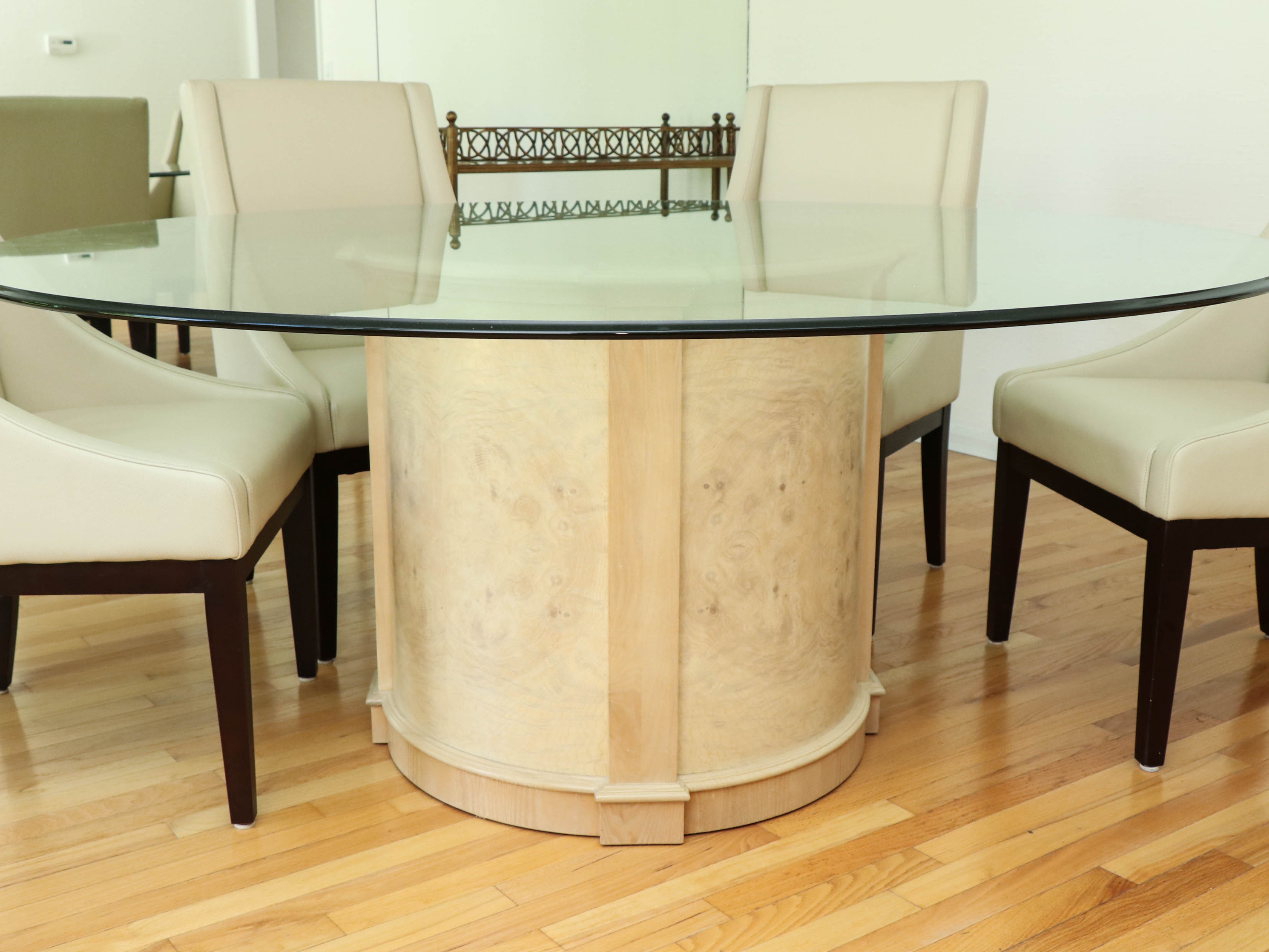 Heritage Glass and Wood Finish Dining Table with Arhaus Leather Slope Armchairs