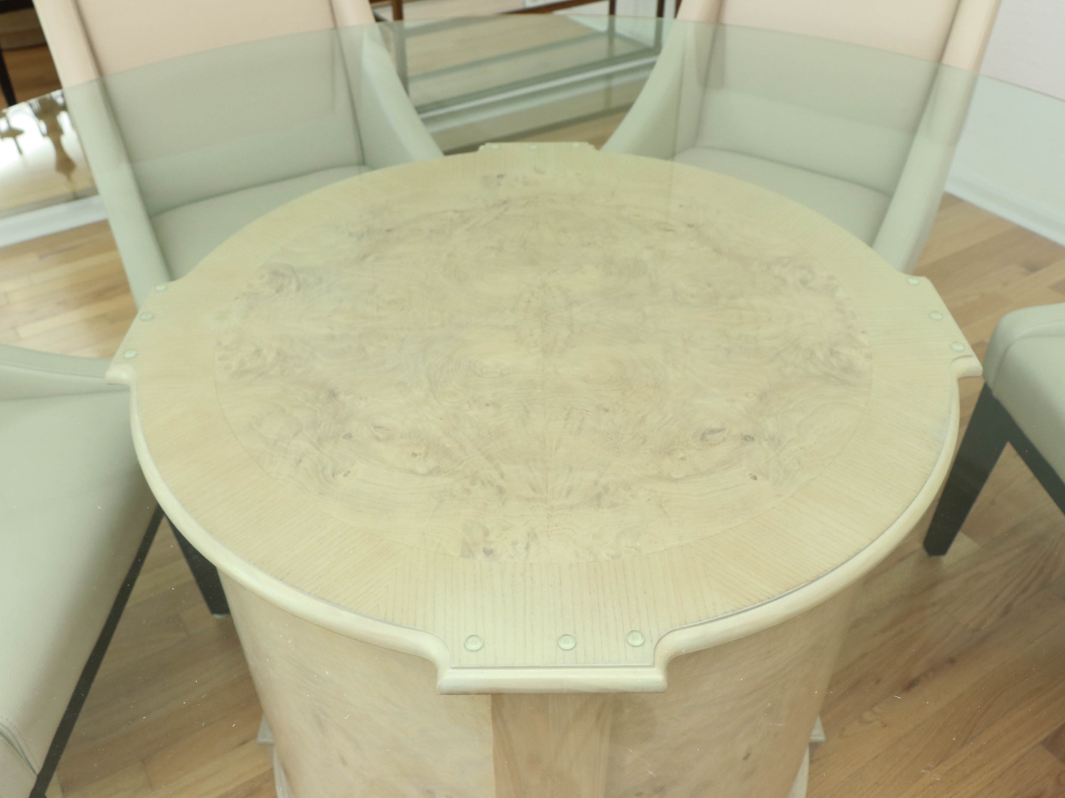 Heritage Glass and Wood Finish Dining Table with Arhaus Leather Slope Armchairs