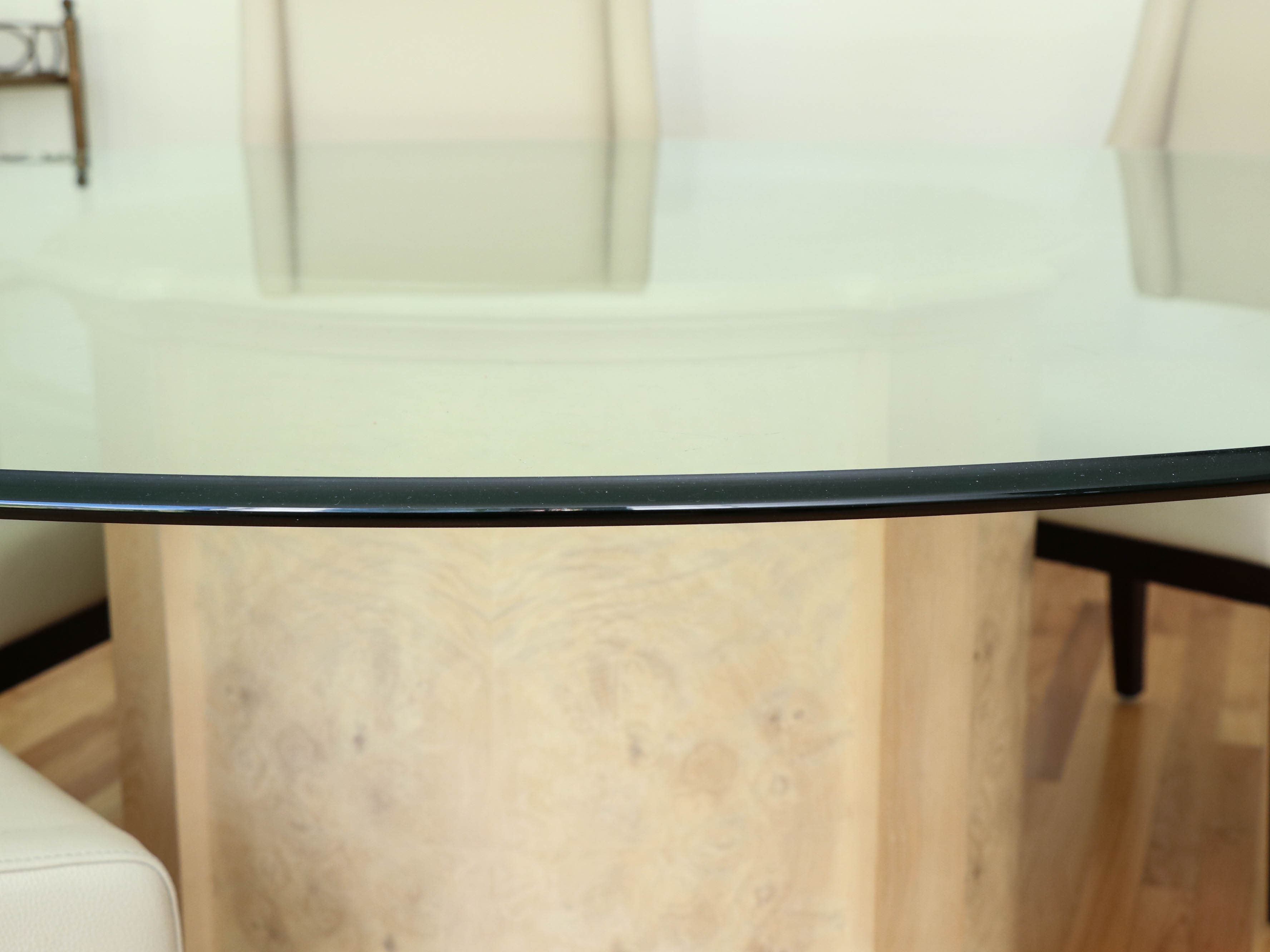 Heritage Glass and Wood Finish Dining Table with Arhaus Leather Slope Armchairs