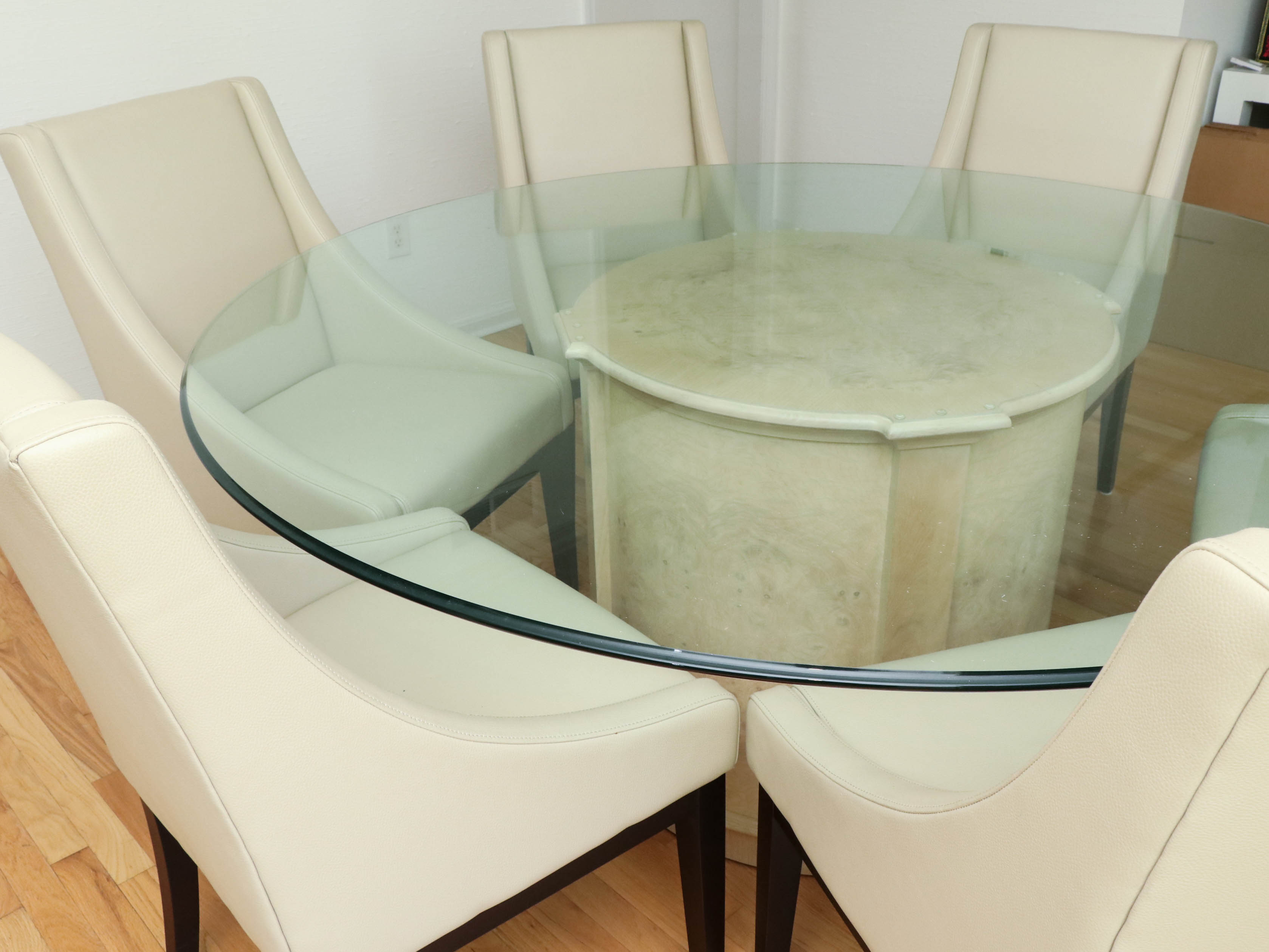 Heritage Glass and Wood Finish Dining Table with Arhaus Leather Slope Armchairs