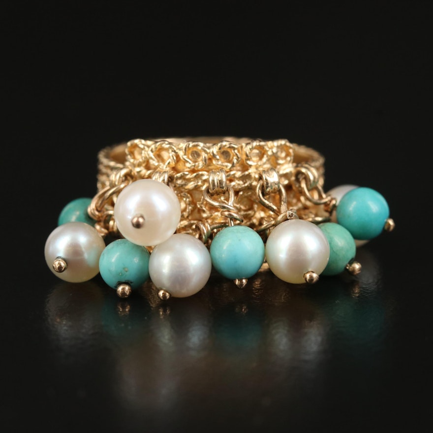 Vintage Cellino 14K Turquoise and Pearl Ring