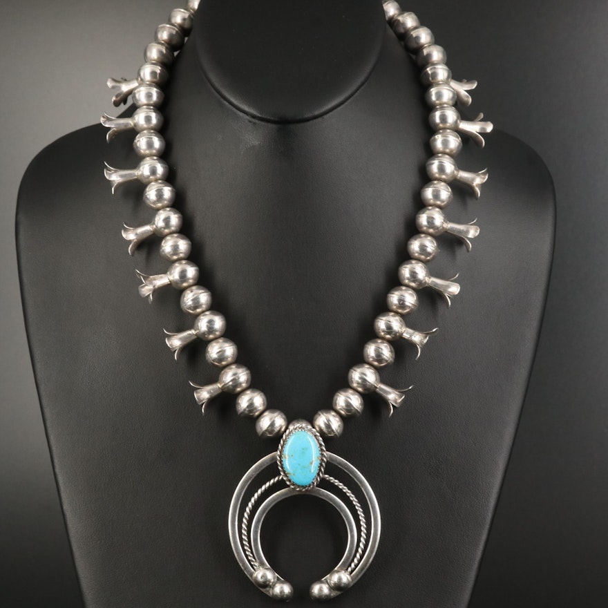 L. Kerlie Navajo Diné Sterling Turquoise Squash Blossom Necklace