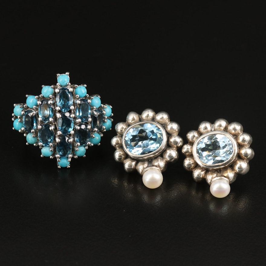 Sterling Topaz, Pearl and Faux Turquoise Ring and Earrings