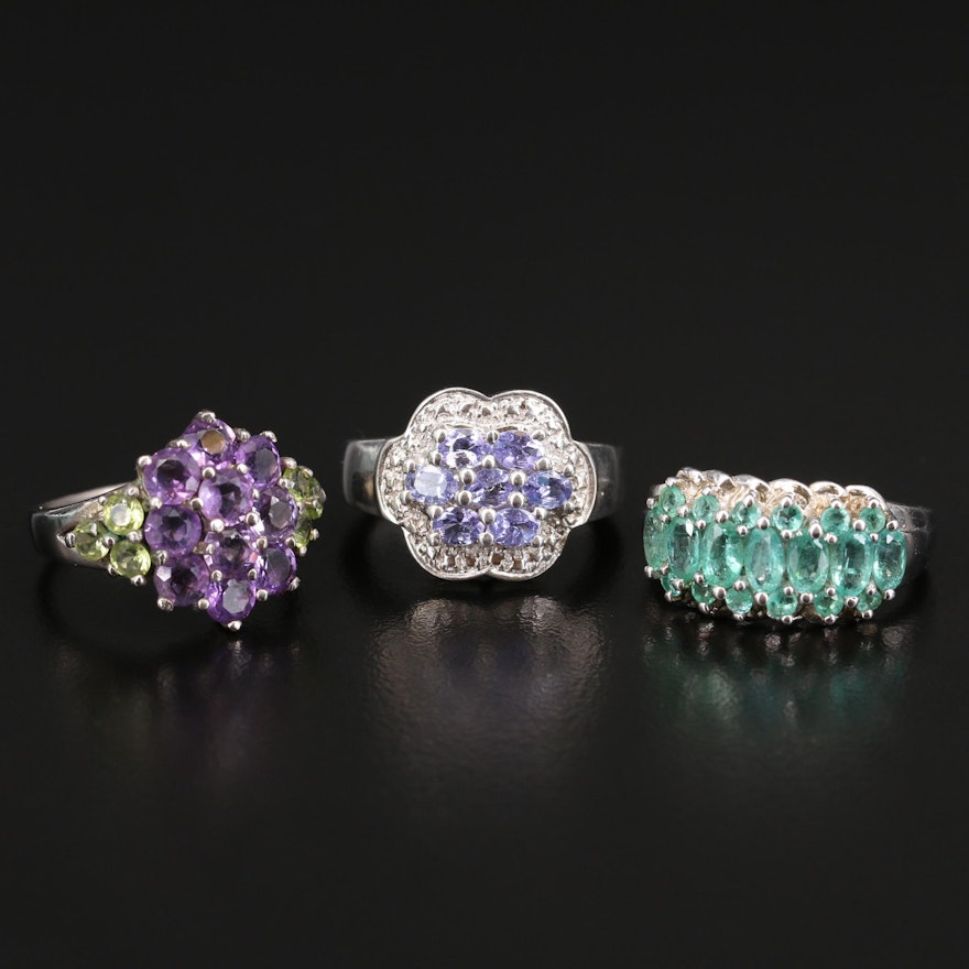 Sterling Tanzanite, Beryl and Amethyst Rings