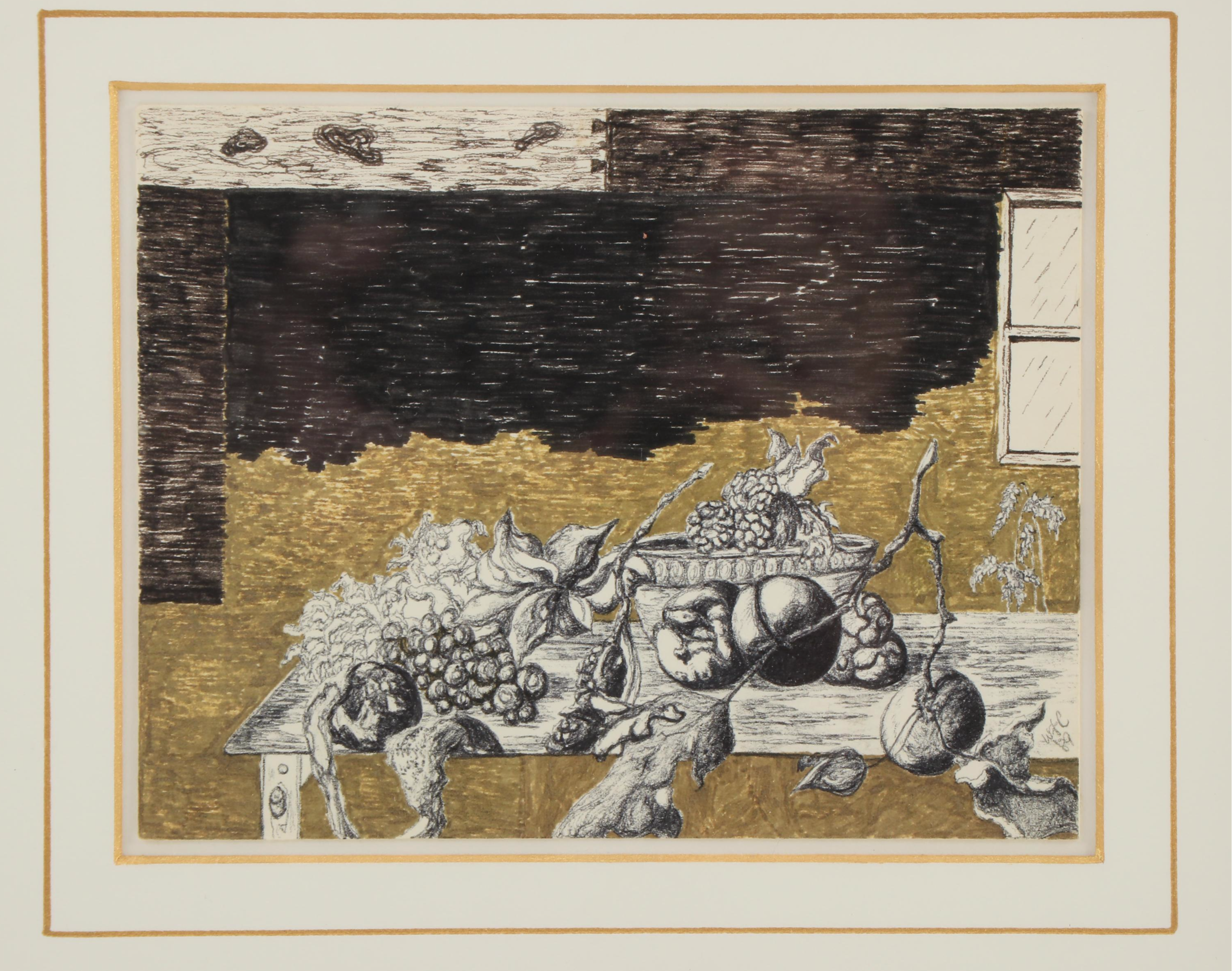 Still Life Ink and Marker Drawing with Fruit, 1989