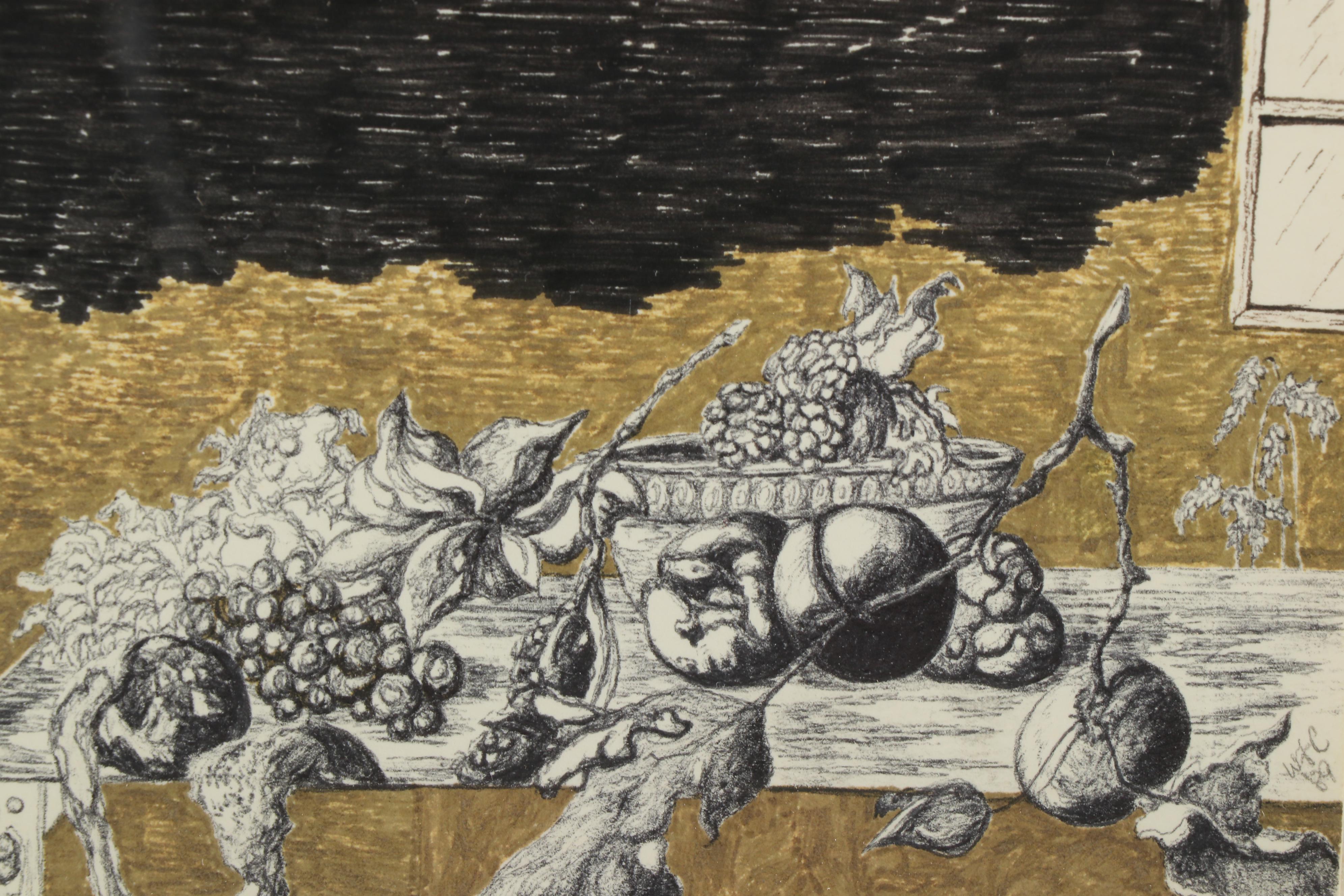 Still Life Ink and Marker Drawing with Fruit, 1989