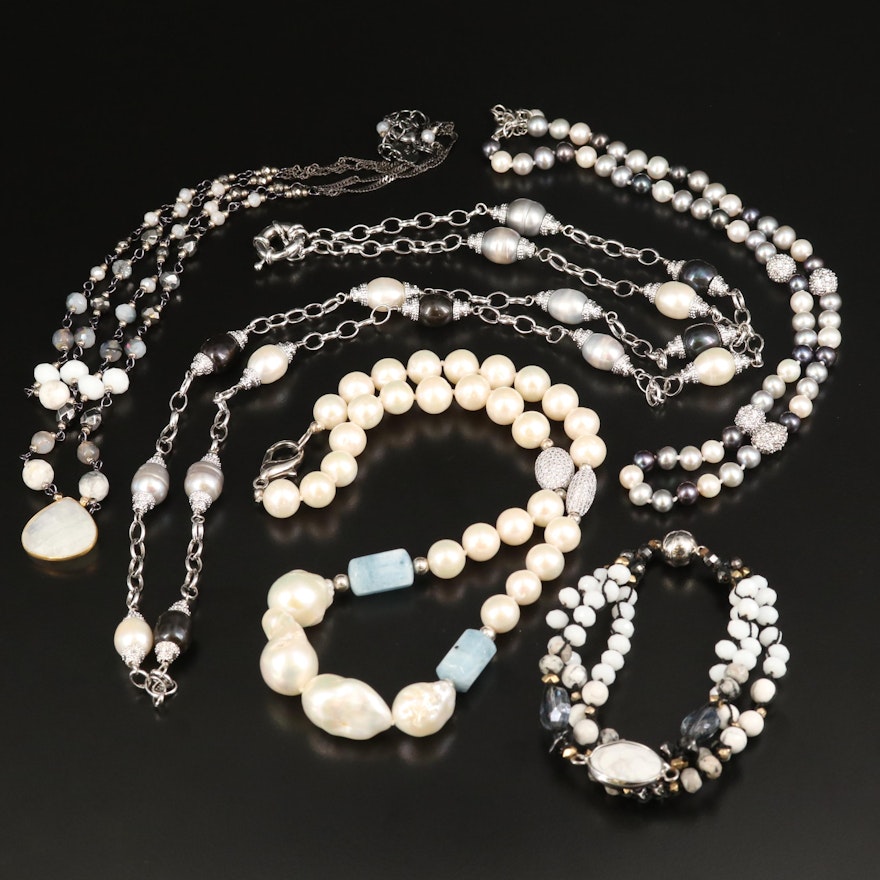 Beaded Necklaces with Beryl, Rainbow Moonstone and Magnesite