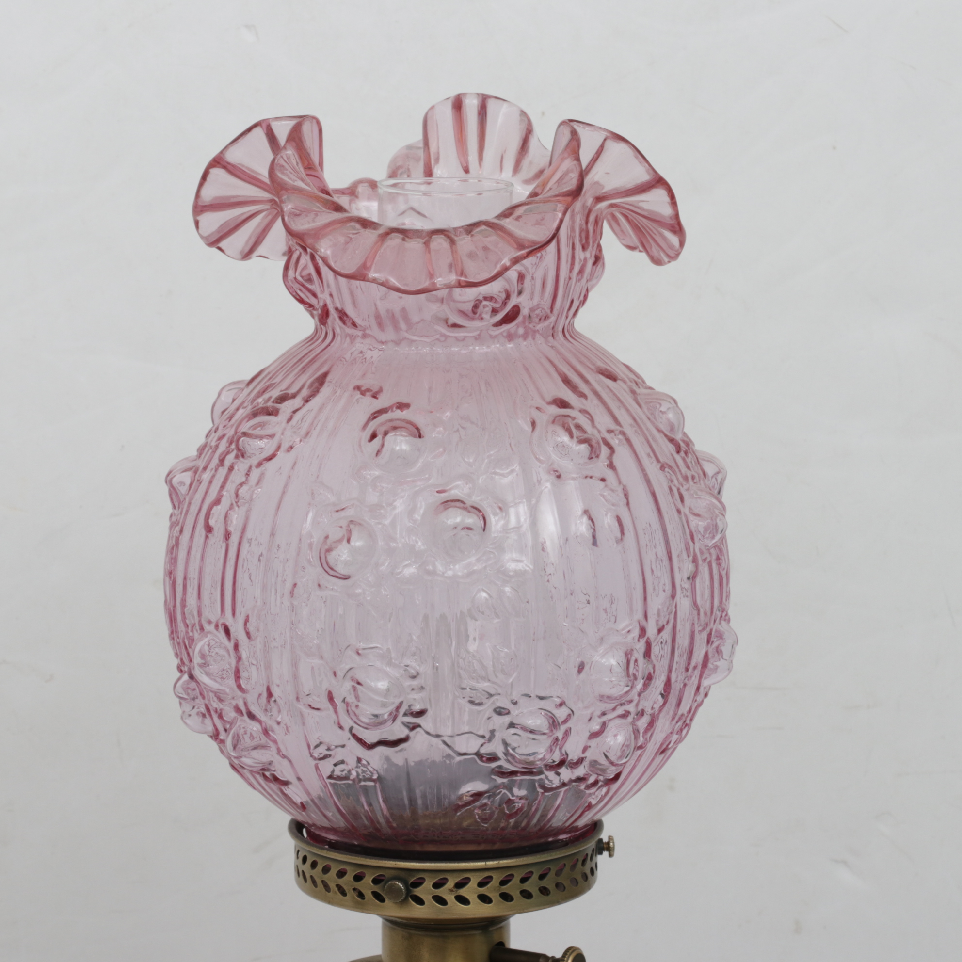 Fenton Style Cabbage Rose Double Globe Ruffled Glass Parlor Lamp