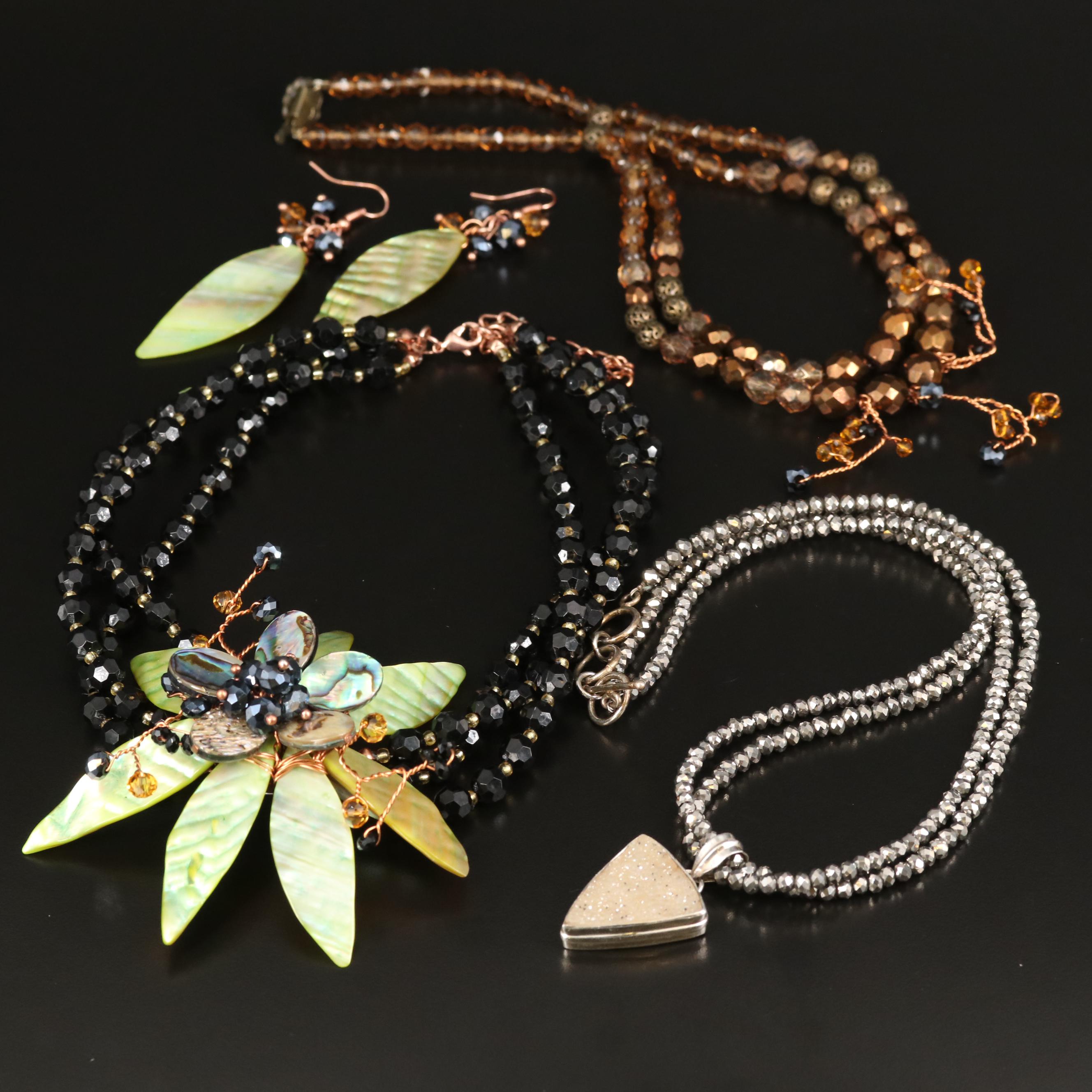 Foliate and Triangle Necklaces and Earrings Including Sterling