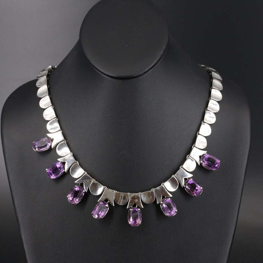 Vintage Mexican Los Ballesteros Sterling Silver Amethyst Fringe Necklace