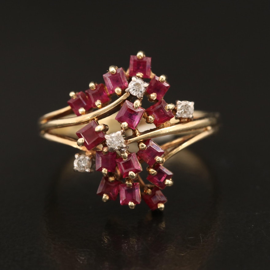 14K Ruby and Diamond Cluster Ring