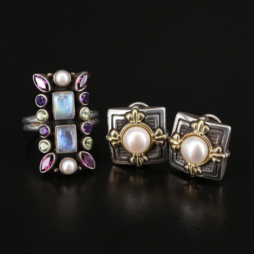 Ann King Sterling Pearl Earrings with 18K and 14K and Nicky Butler Gemstone Ring