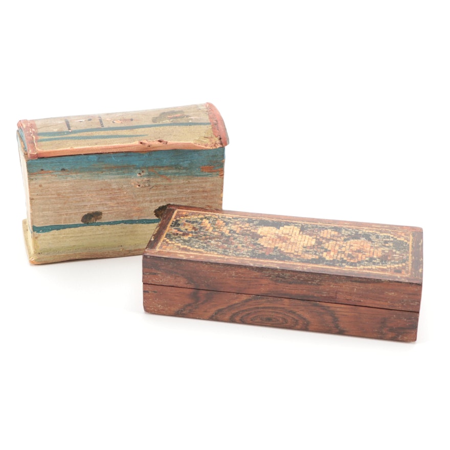 Hand-Painted, and Mosaic Inlay Wood Boxes, Mid to Late 19th Century