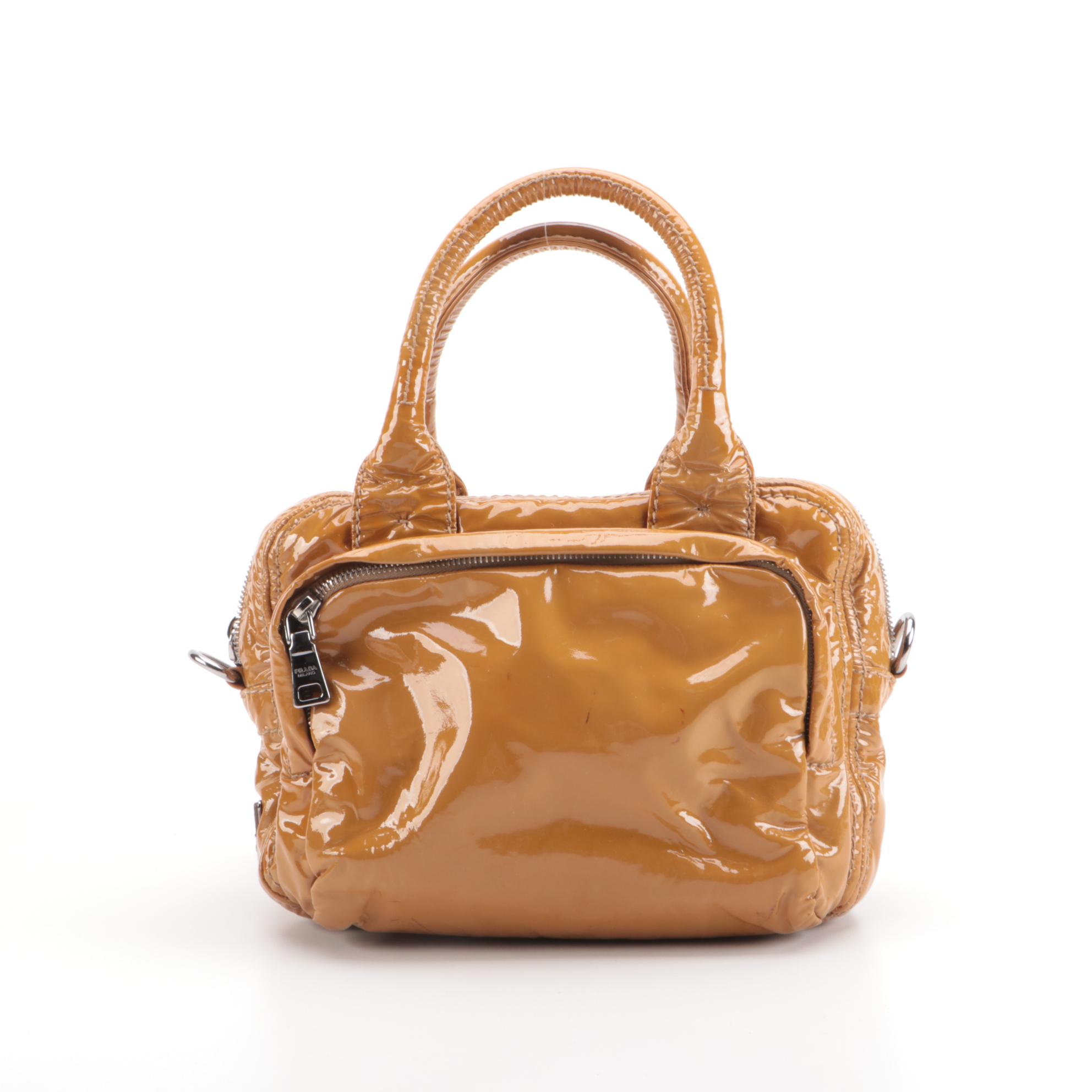 Prada Bauletto Two-Way Satchel in Cammello Vitello Shine Leather