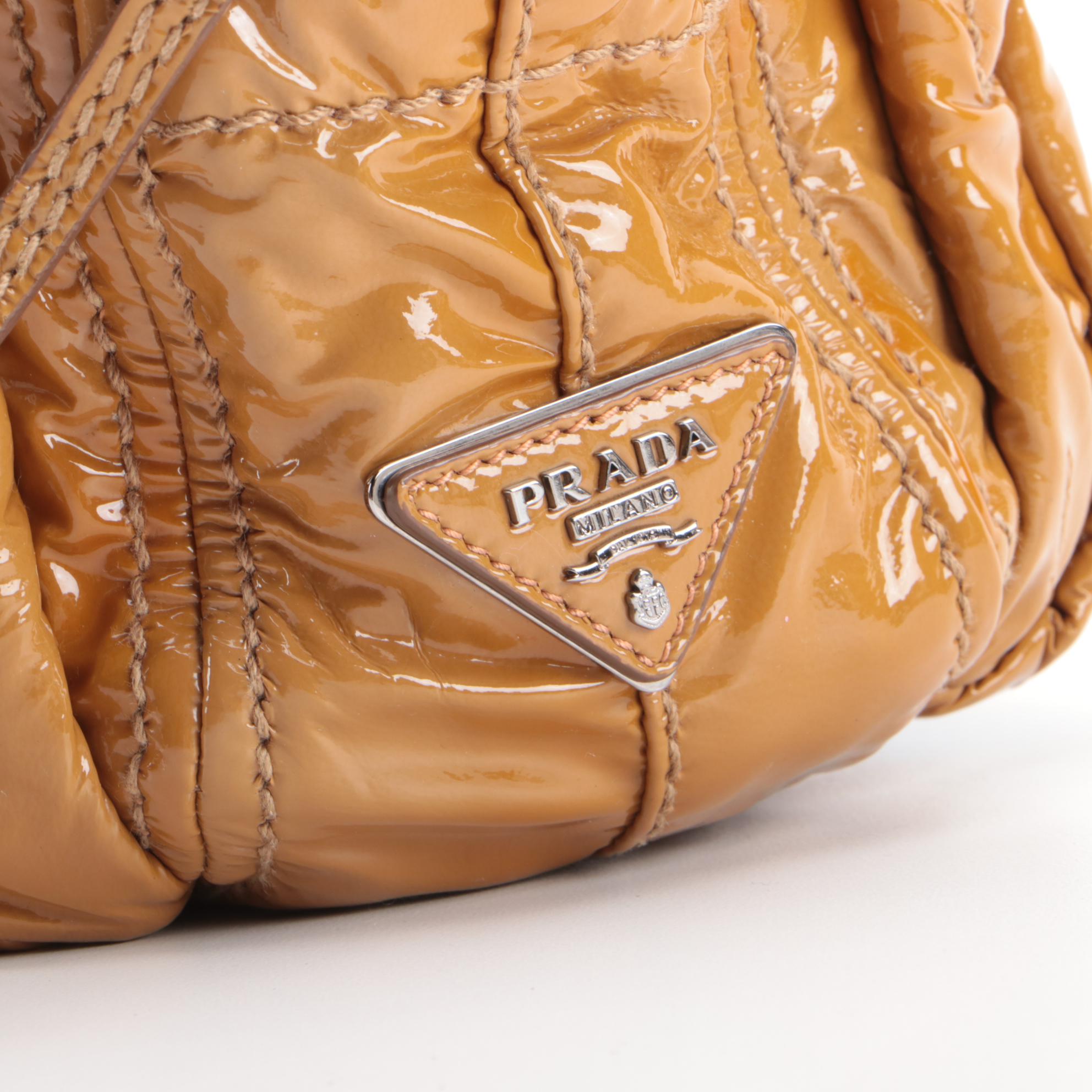 Prada Bauletto Two-Way Satchel in Cammello Vitello Shine Leather