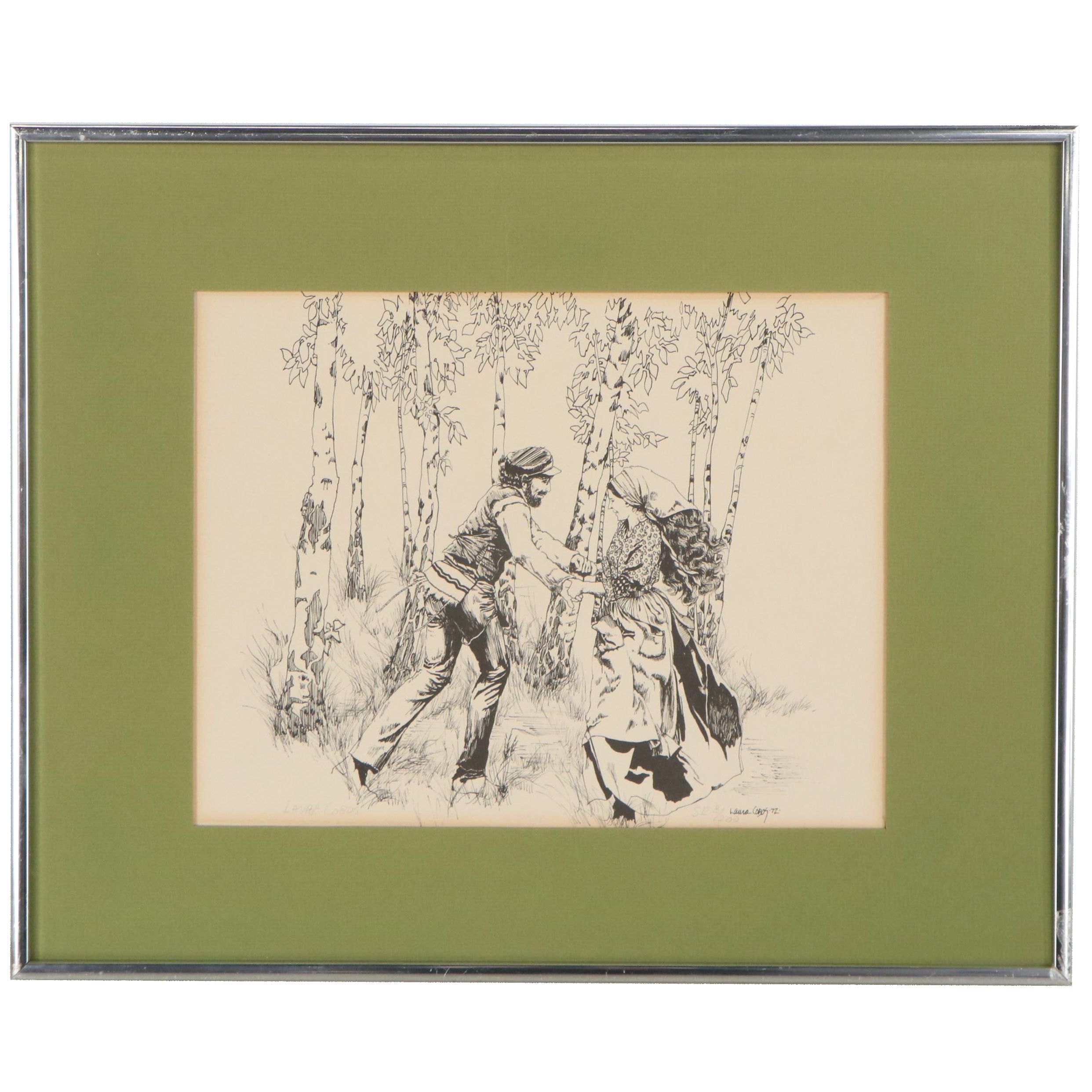 Laura Cobos Lithograph of Dancing Jewish Couple, circa 1972