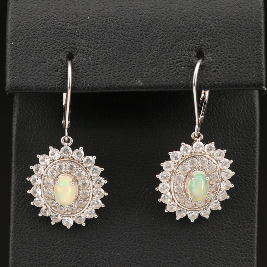 Sterling Opal and Zircon Double Halo Earrings