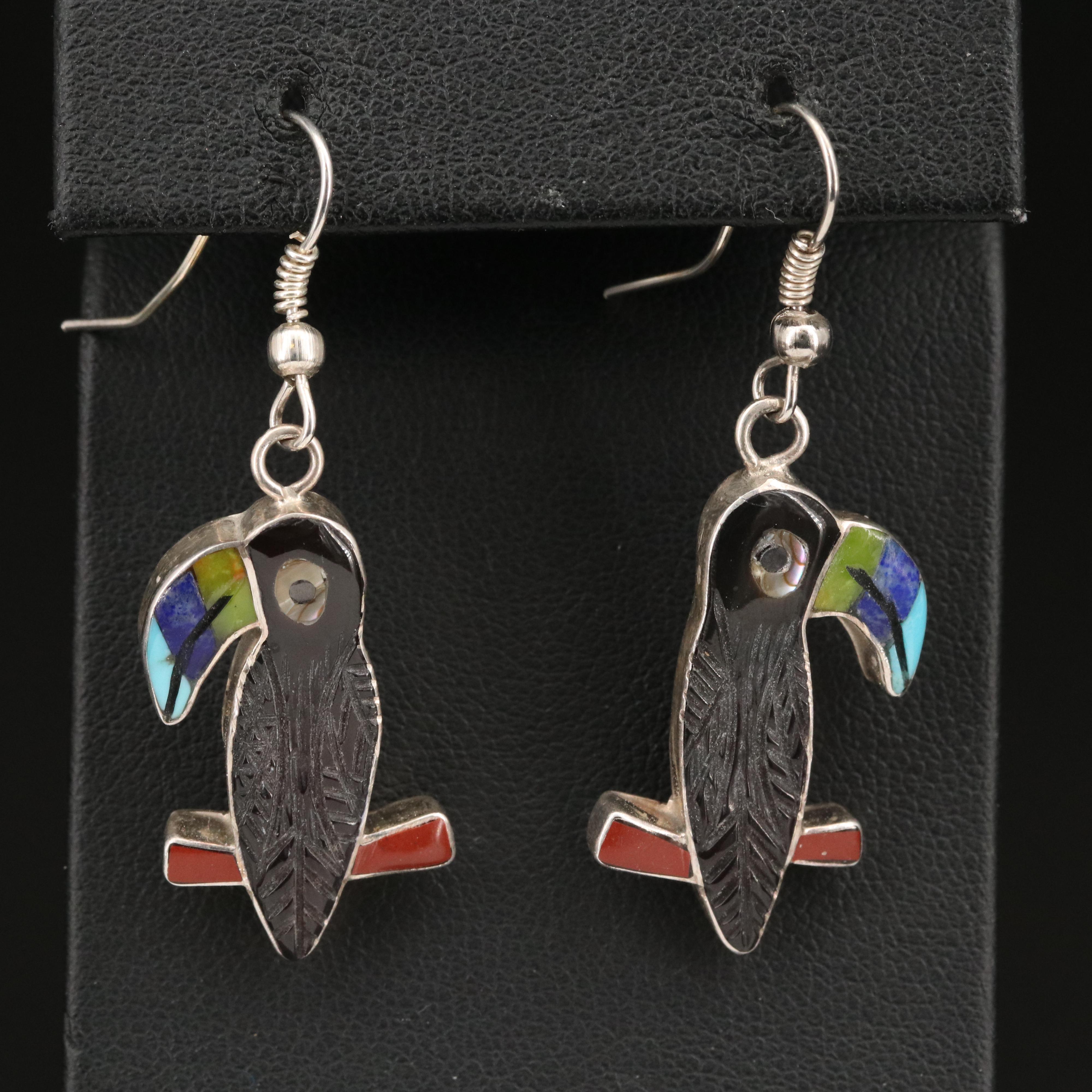 Signed Sterling Toucan Earrings with Lapis Lazuli, Abalone and Jasper