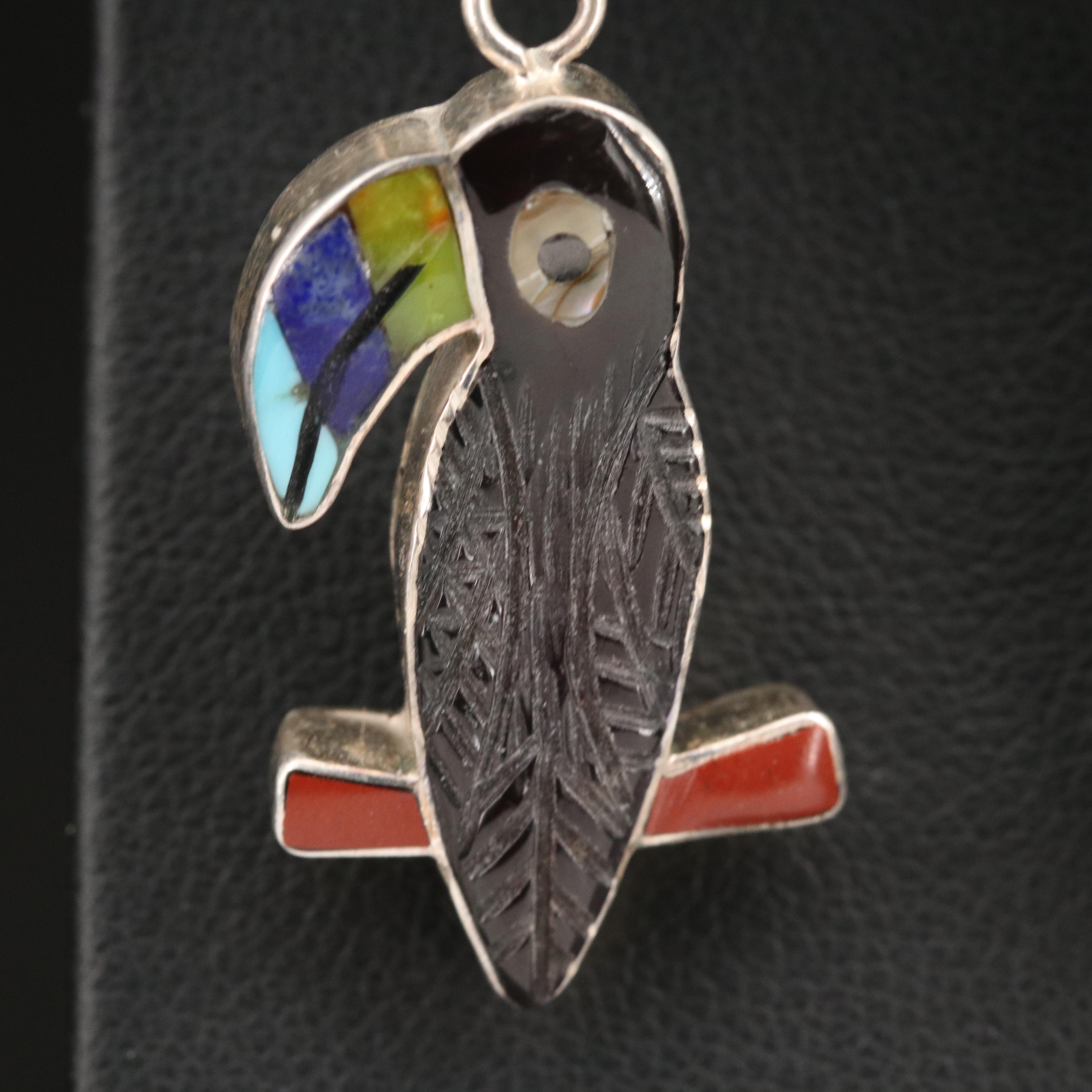 Signed Sterling Toucan Earrings with Lapis Lazuli, Abalone and Jasper