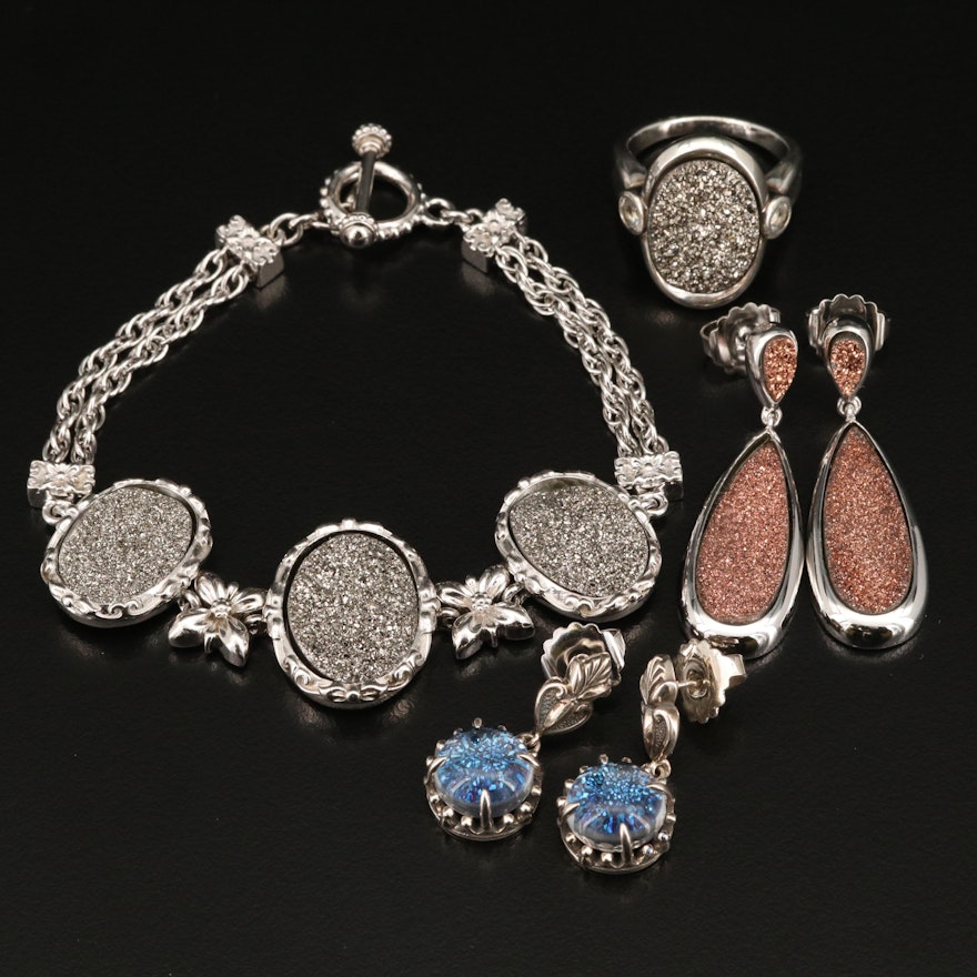 Sterling Druzy Bracelet, Ring and Quartz Druzy Doublet Earrings