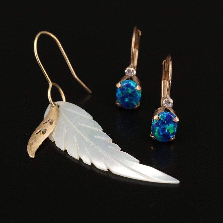 10K Opal and Cubic Zirconia Earrings and Single Feather Earring