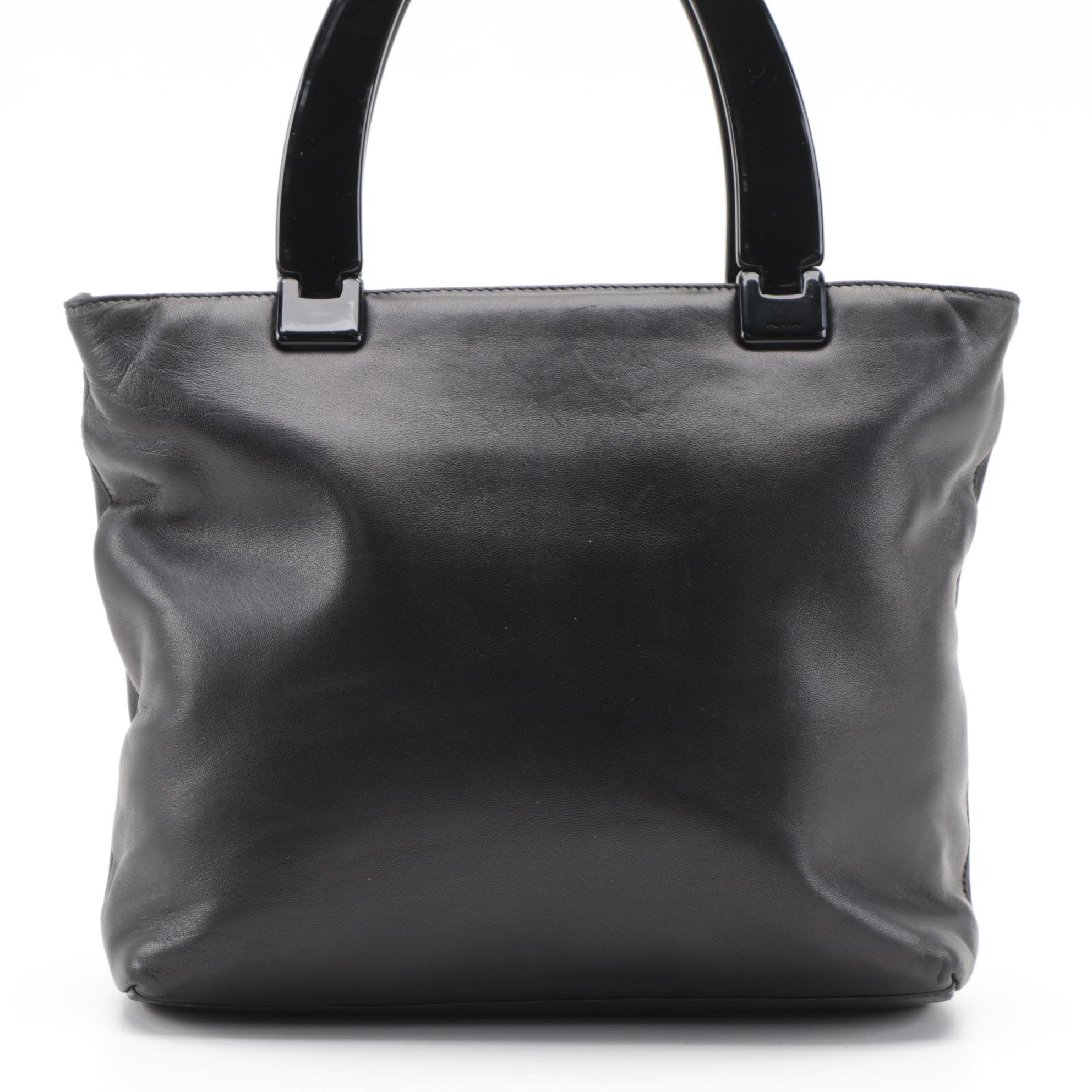 Prada Hard Plastic Handle and Black Leather Handbag