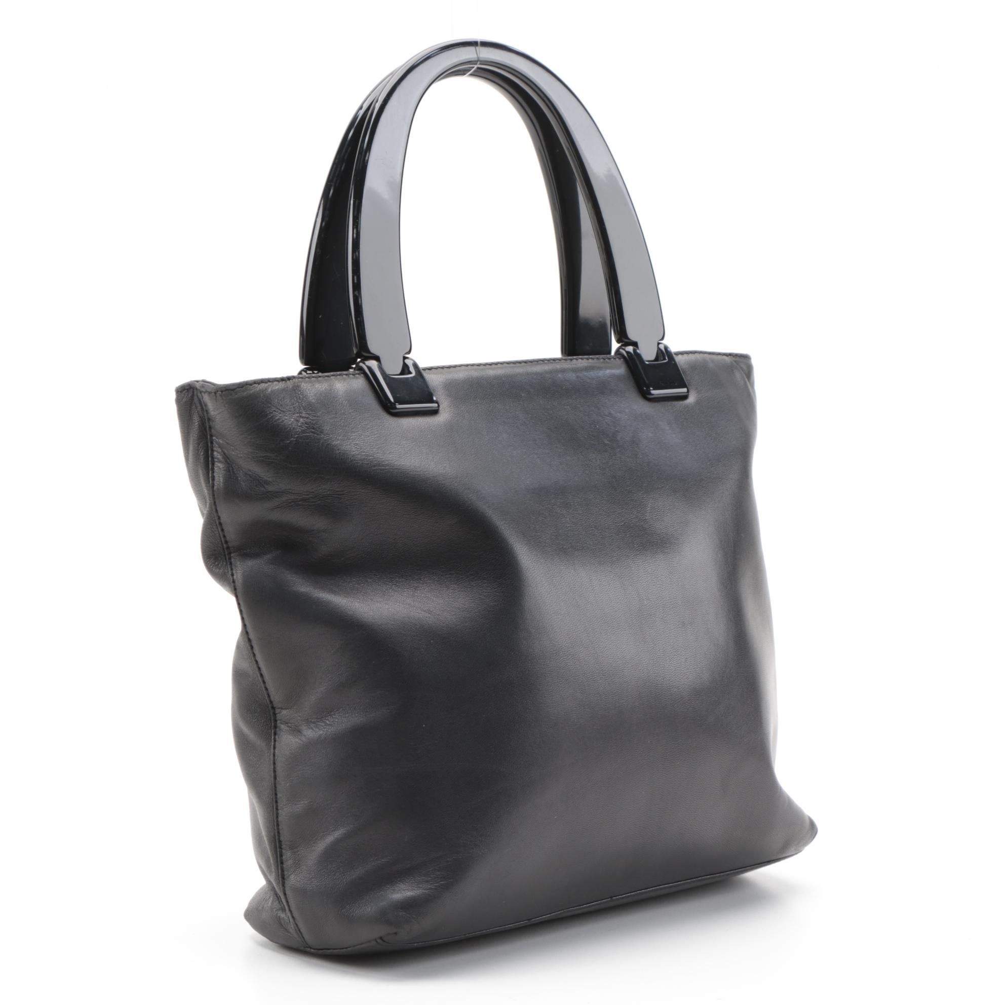 Prada Hard Plastic Handle and Black Leather Handbag