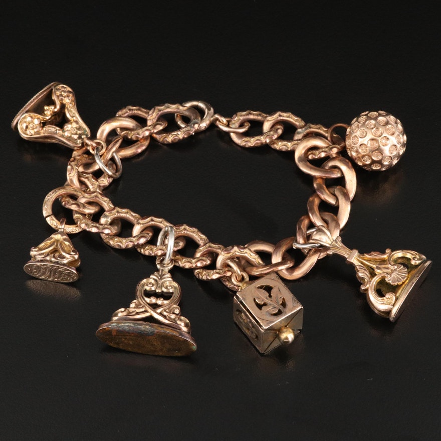 Antique Charm Bracelet with Fobs and a 14K Clasp