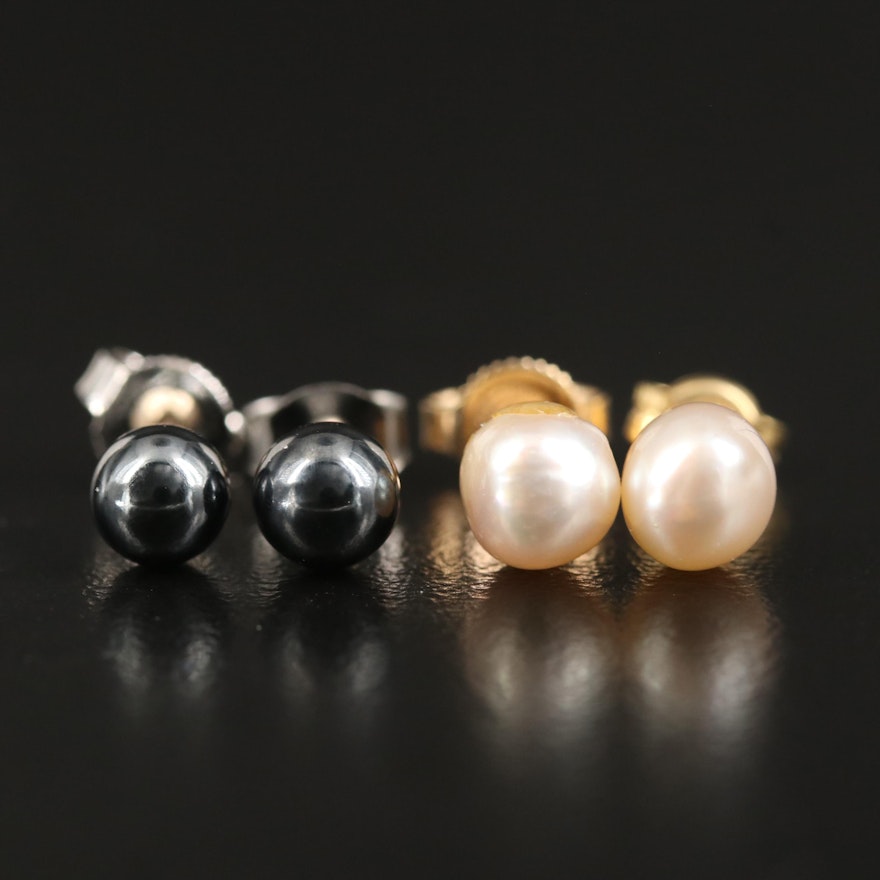 14K Pearl Stud Earrings with Hematite Stud Earrings