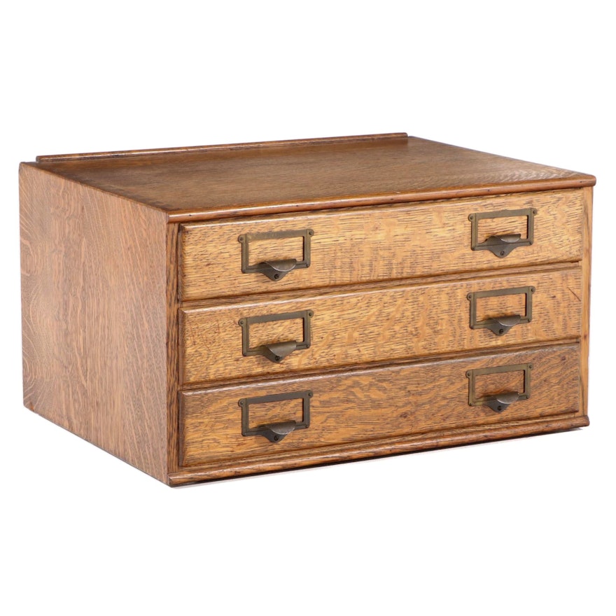 American Quartersawn Oak Three-Drawer Tabletop Flat File, Early 20th Century