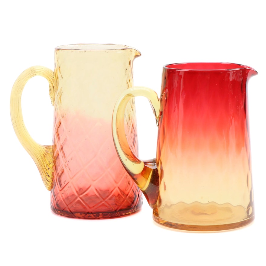Quilted and Other Amberina Glass Water Pitchers, Mid-20th Century