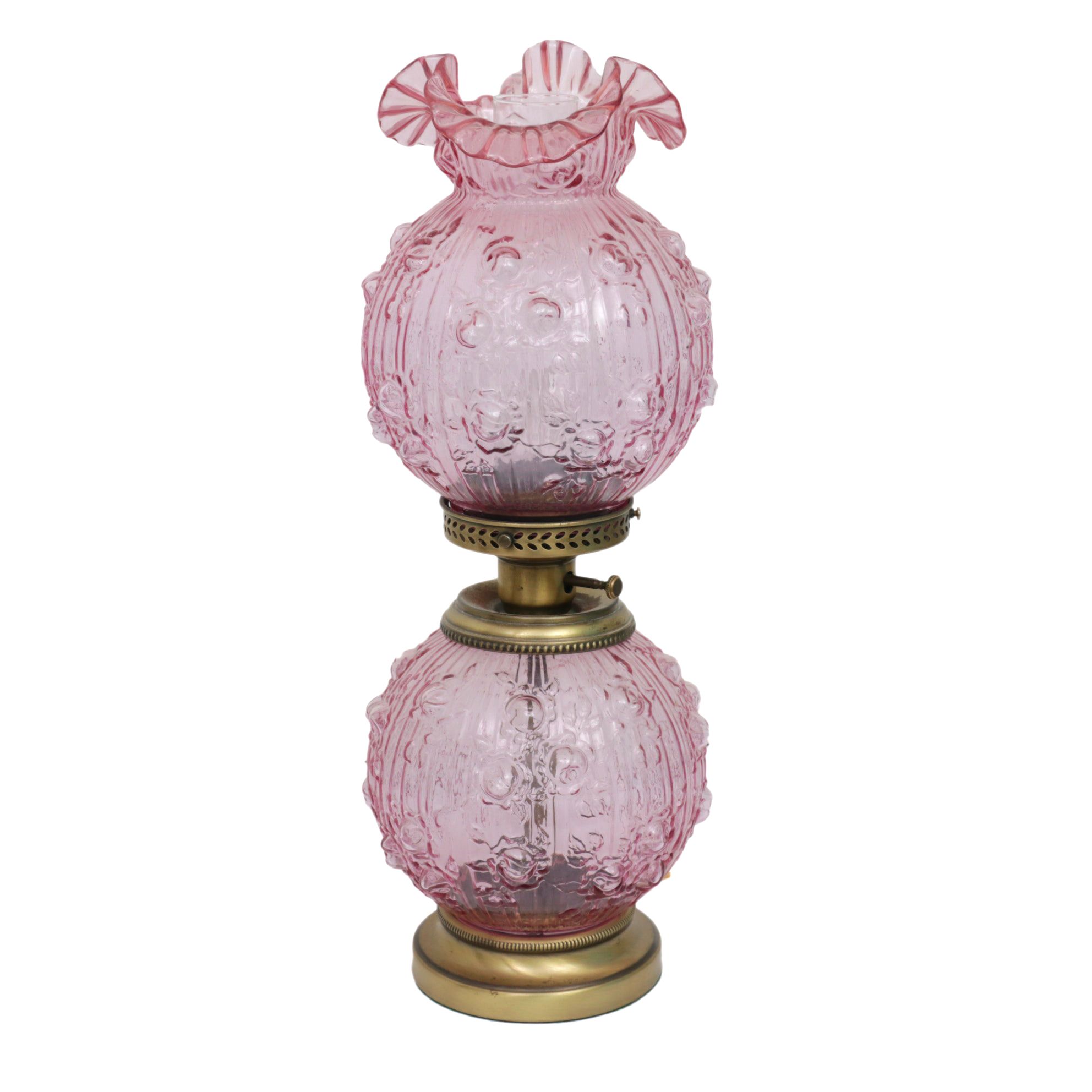 Fenton Style Cabbage Rose Double Globe Ruffled Glass Parlor Lamp