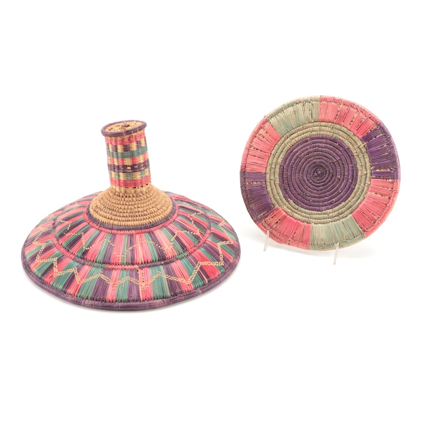 Ethiopian Handwoven Polychrome Basketry Lid and Flat Platter