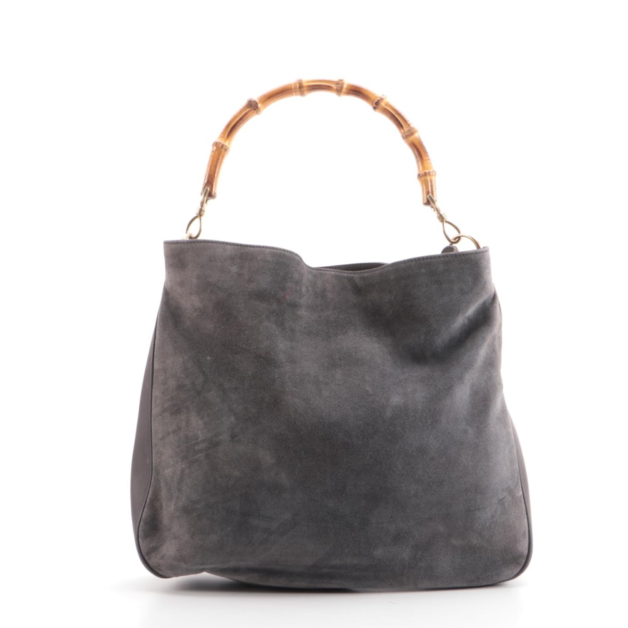 Gucci Bamboo Handle Two-Way Tote in Grey Suede and Leather