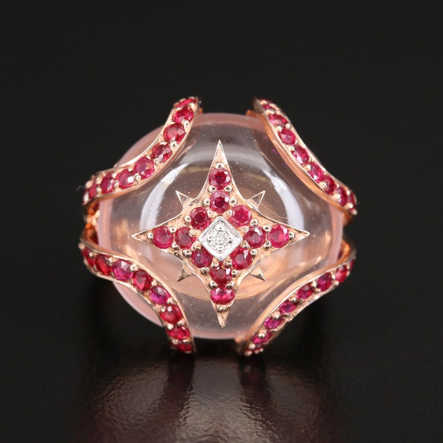 Sterling Rose Quartz, Ruby and Diamond Ring
