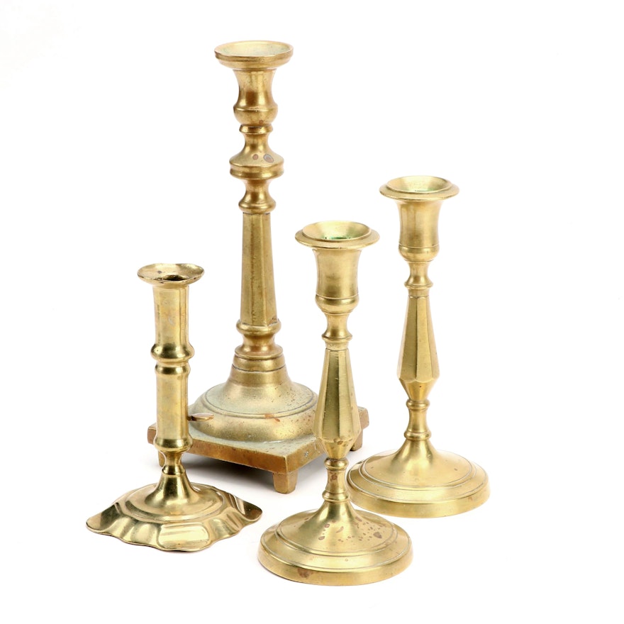 Brass Side Ejector and Pushup Candlesticks, 19th Century