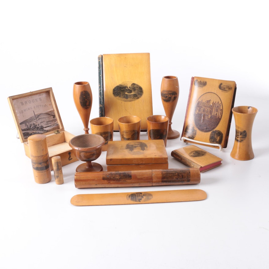 Wooden Souvenir Boxes, Cups, and Books, Late 19th to Mid 20th Century