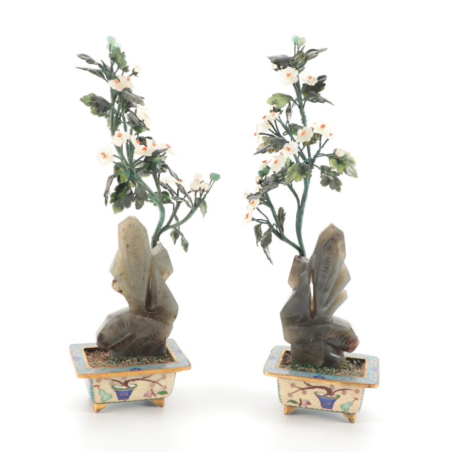 Chinese Style Carved Stone Flowers with Cloisonné Bases Bonsai Trees