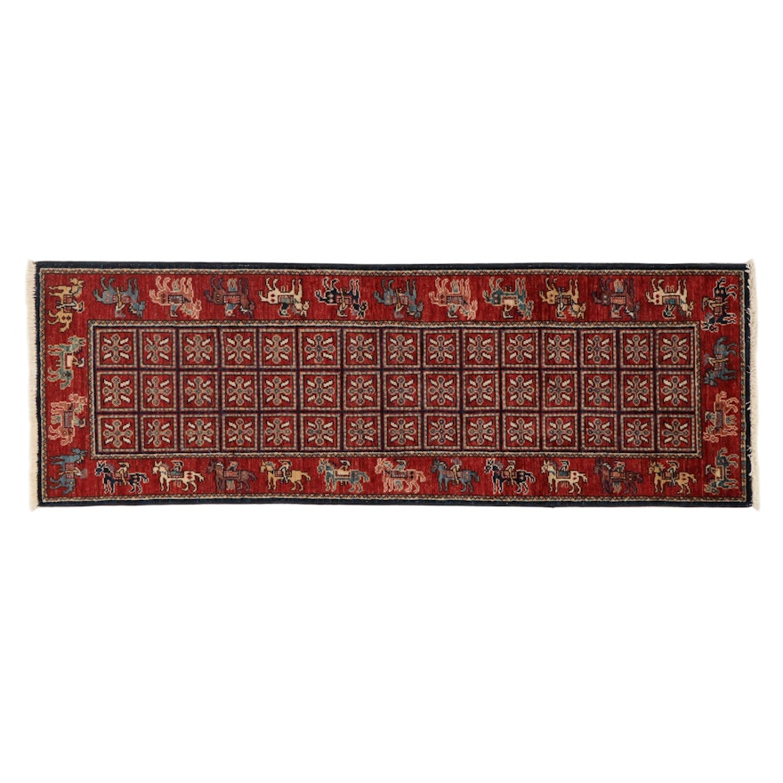 2' x 6' Hand-Knotted Afghan "Pazyryk Carpet" Style Runner, 2010s
