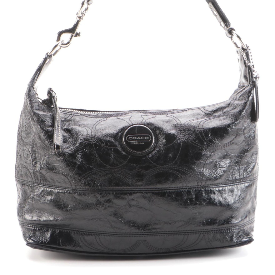Coach Signature Stitched Hobo Bag in Black Textured Patent Leather