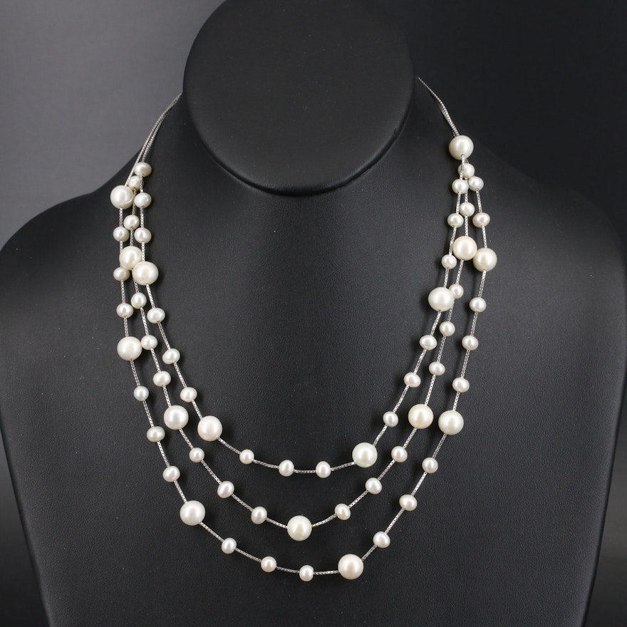 Sterling Pearl Multi-Strand Station Necklace