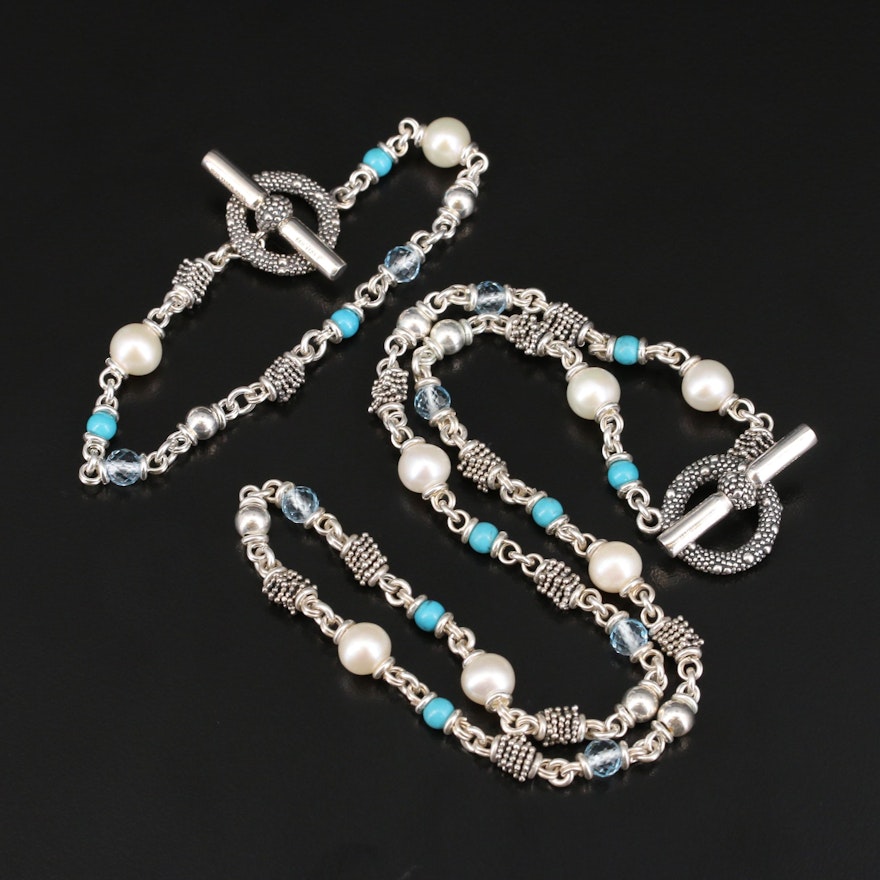Michael Dawkins Sterling Pearl, Topaz and Faux Turquoise Necklace and Bracelet