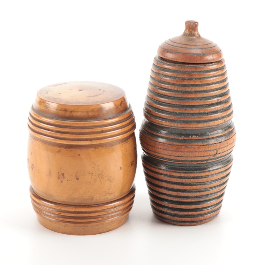 Turned Treen Ware Barrel Form Containers, Late 19th to Early 20th Century